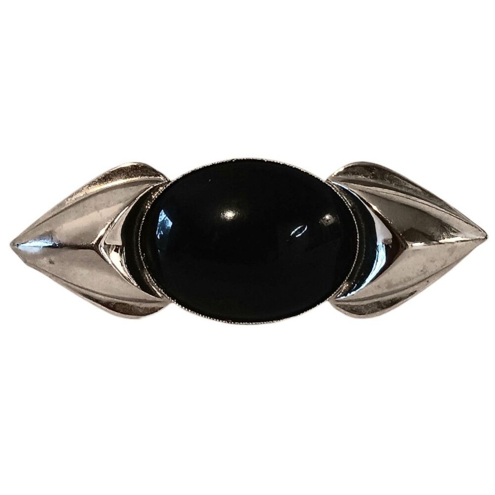 Vintage Modernist Brooch Silvertone & Black Abstract  Winged Statement Pin 3.5"